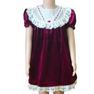 Vtg Burgundy Velvet Dress 4T Circle Ruffle Lace Collar w Rosette Puff Sleeves